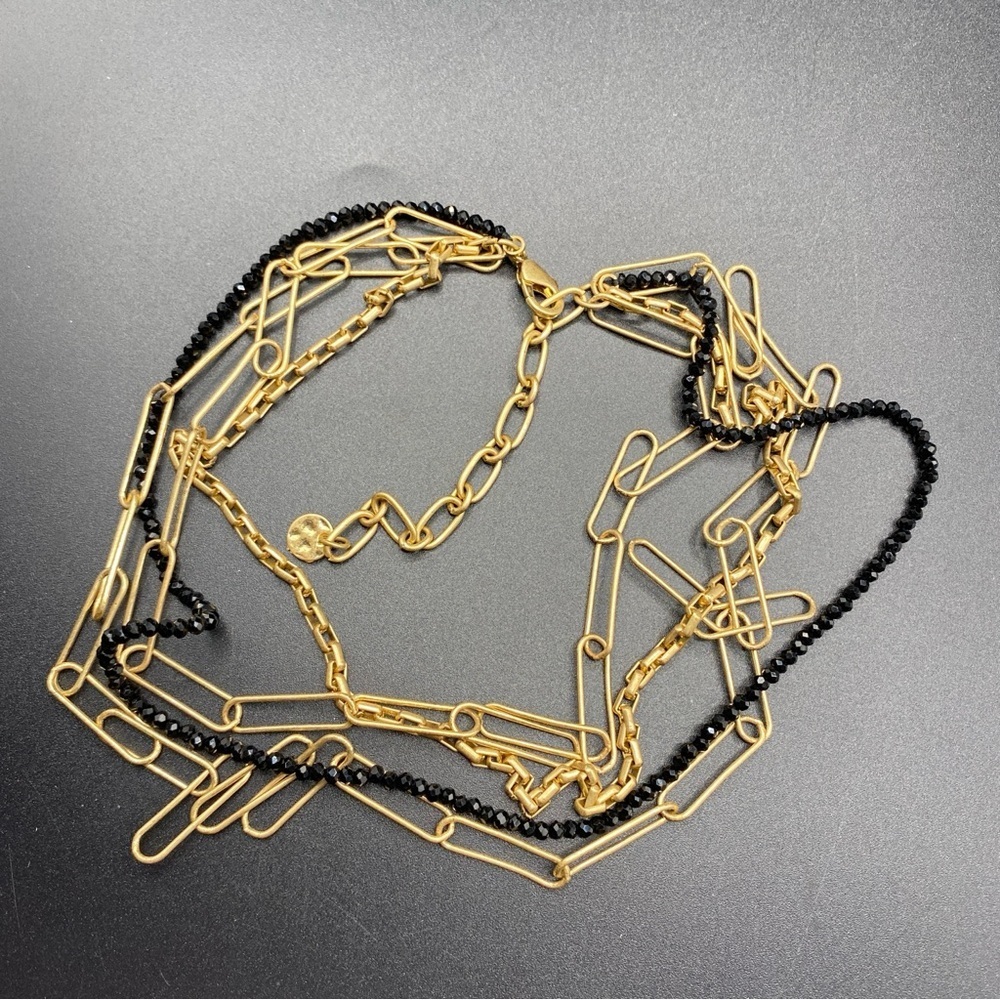 Gold Tone Paper Clip Multistrand Necklace Black Beads Layered